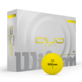 Gele Wilson Duo Soft golfballen met logo, voorkant van de doos met de golfbal ervoor