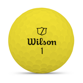 Gele Wilson Duo Soft golfballen met logo, het logo van Wilson afgebeeld op de bal