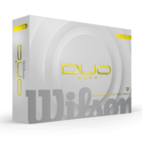 Gele Wilson Duo Soft golfballen met logo, voorkant van de doos