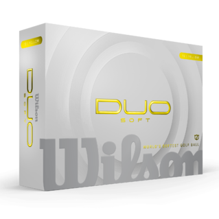Gele Wilson Duo Soft golfballen met logo, voorkant van de doos