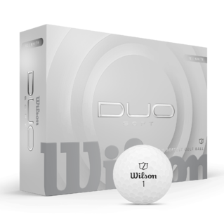 Wilson Duo Soft golfballen met logo, De bal ligt voor de doos