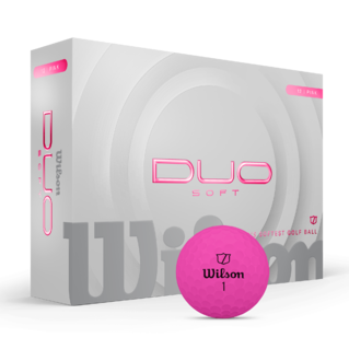 Roze Wilson Duo Soft golfballen met logo, De bal ligt voor de doos
