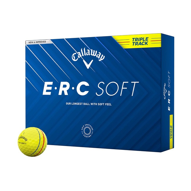 Gele Callaway ERC Soft golfballen met logo, voorkant van de doos met de Callaway ERC Soft ervoor