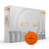 Oranje Wilson Duo Soft golfballen met logo, voorkant van de doos met de golfbal ervoor