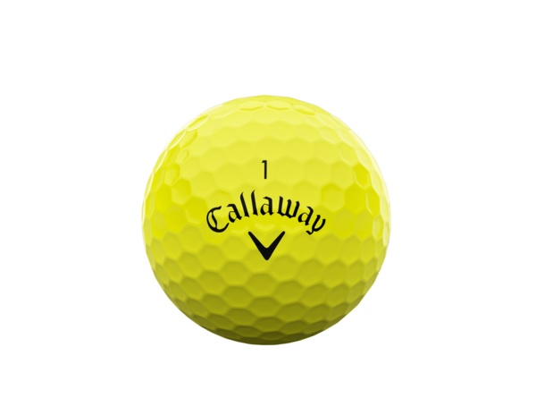 Gele Callaway Supersoft golfballen met logo, het logo van Callaway afgebeeld op de bal