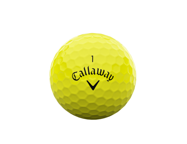 Gele Callaway Supersoft golfballen met logo, het logo van Callaway afgebeeld op de bal
