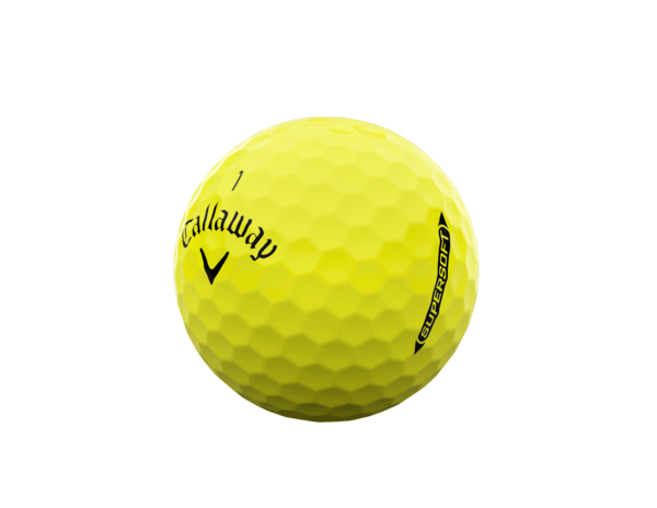 Gele Callaway Supersoft golfballen met logo, het logo van Callaway afgebeeld op de bal met het lijntje op de golfbal
