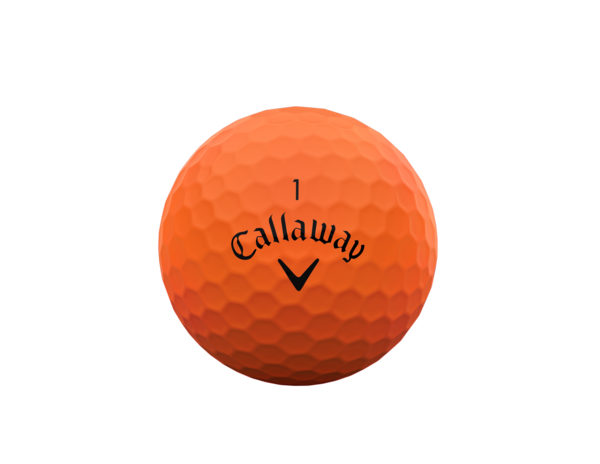 Oranje Callaway golfballen met logo, het logo van Callaway afgebeeld op de bal