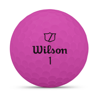Roze Wilson Duo Soft golfballen met logo, het logo van Wilson afgebeeld op de bal