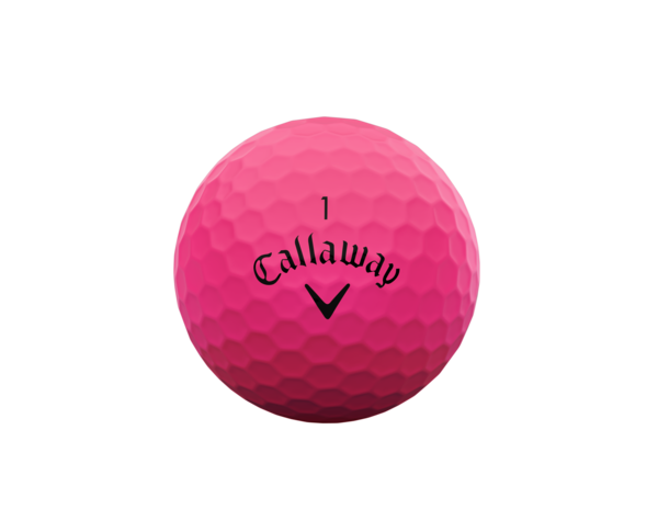 Roze Callaway Supersoft golfballen met logo, het logo van Callaway afgebeeld op de bal