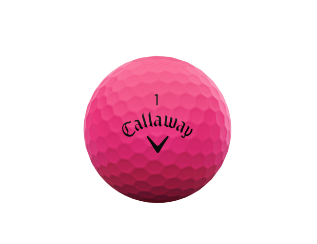 Roze Callaway Supersoft golfballen met logo, het logo van Callaway afgebeeld op de bal