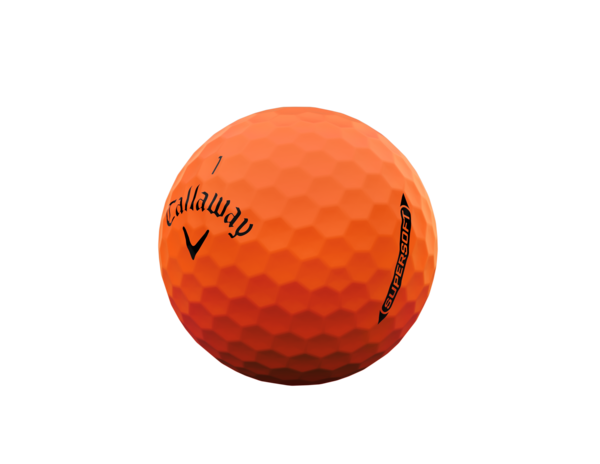 Oranje Callaway Supersoft golfballen met logo, het logo van Callaway afgebeeld op de bal met het lijntje op de golfbal