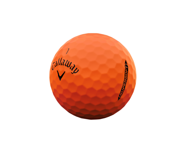 Oranje Callaway Supersoft golfballen met logo, het logo van Callaway afgebeeld op de bal met het lijntje op de golfbal